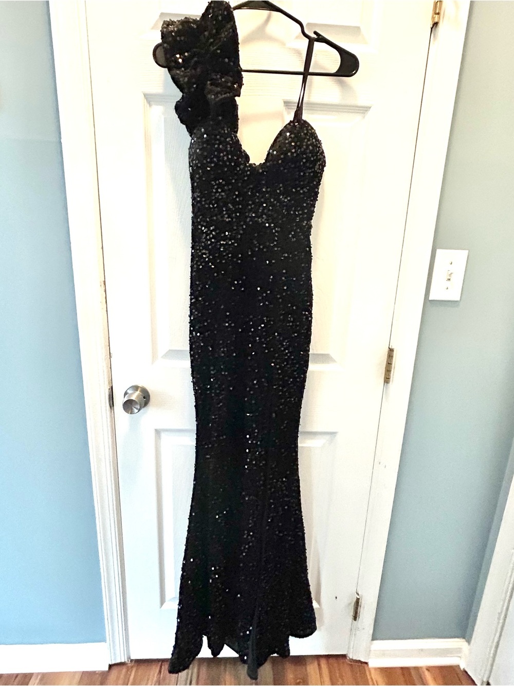 Sparkly Black Sequin Maxi Dress Womens Small One Shoulder Black Sequin Gown
